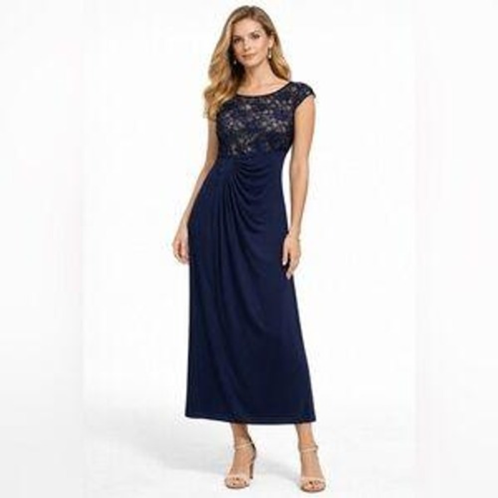 Connected Apparel Gown Women 12P Navy Blue Sequined Lace Draped Faux Wrap Maxi